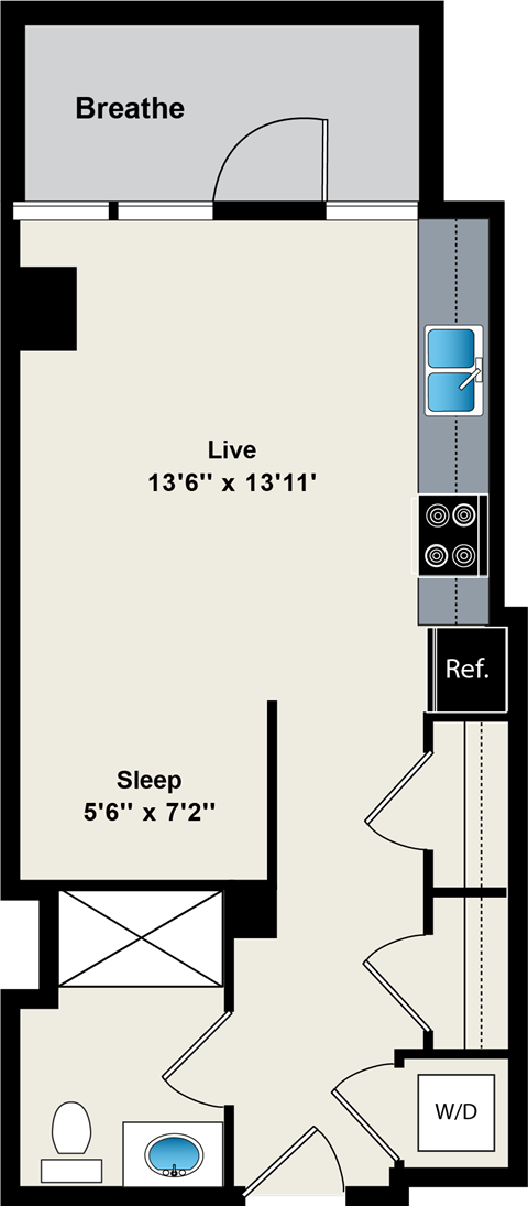 Floor plan for studio, 1 bath, 445 sqft
